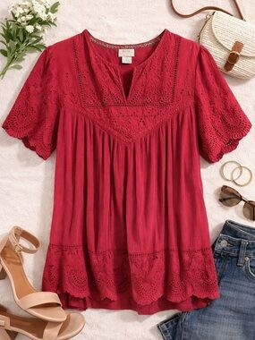Knox Rose Red Eyelet Lace Peplum Blouse Boho Short Sleeve Top Women’s Size L